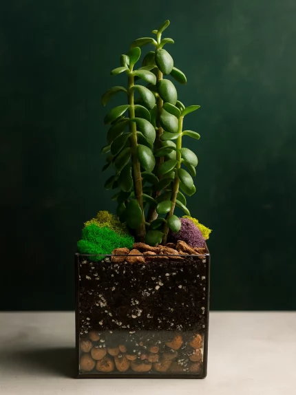 Денежное дерево крассула в флорариуме квадрат M