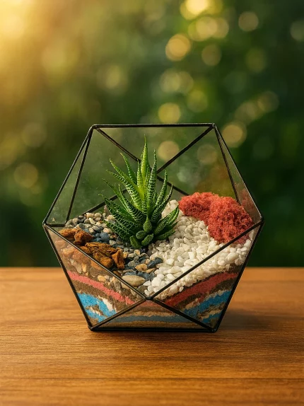 Хавортия с тремя суккулентами в флорариуме икосаэдр S (Small, маленький)
