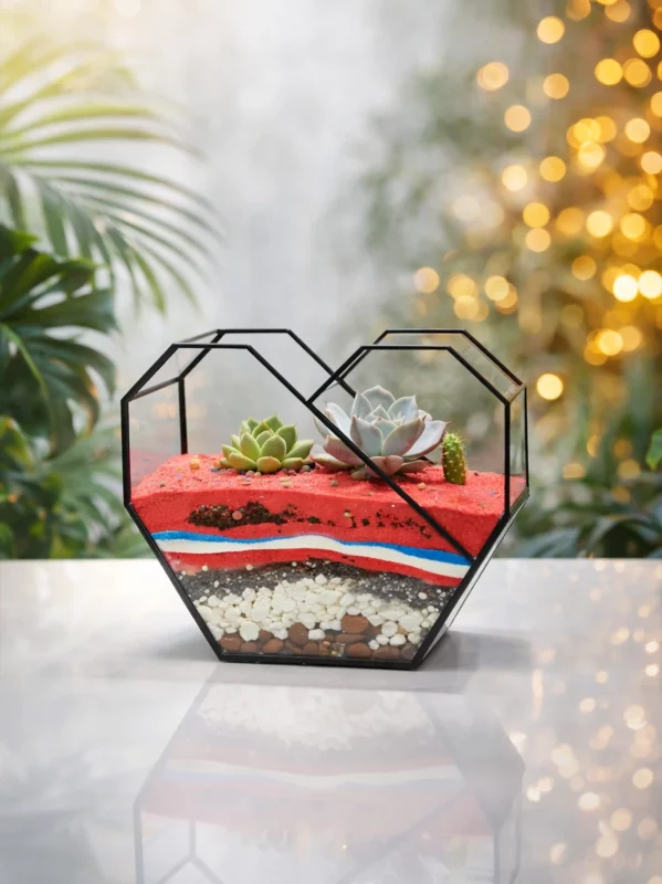 три суккулента в флорариуме сердце