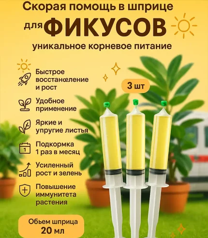 Удобрение Скорая помощь для фикусов, 3 шприца по 20 мл