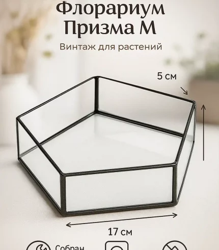 Флорариум Призма M из стекла с черной патиной, 17×5 см